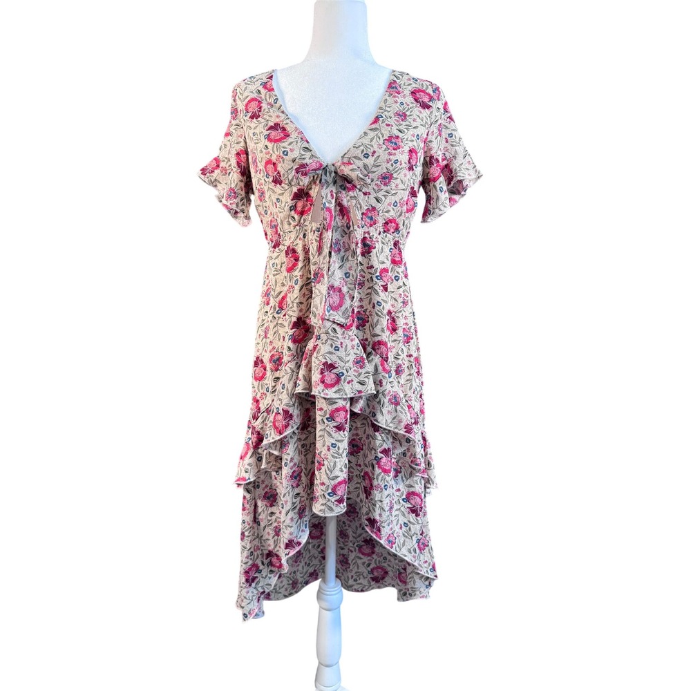 Nasty Gal Collection High Low Dress Pink Floral Tie Front V-Neck US 2